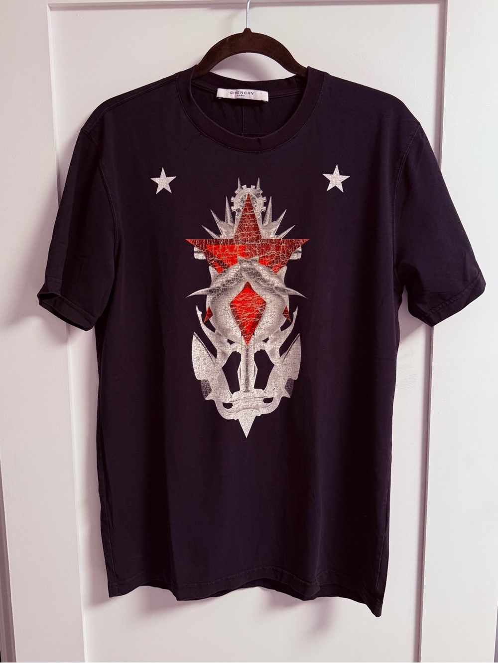 Givenchy Black Graphic Tee with Red and Silver Emblem
